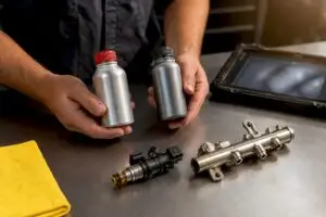 Technician comparing fuel cleaners beside injector