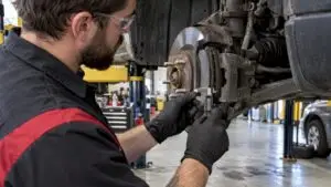 Technician measuring brake pad thickness