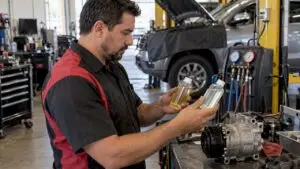 Technician comparing PAG and POE oils