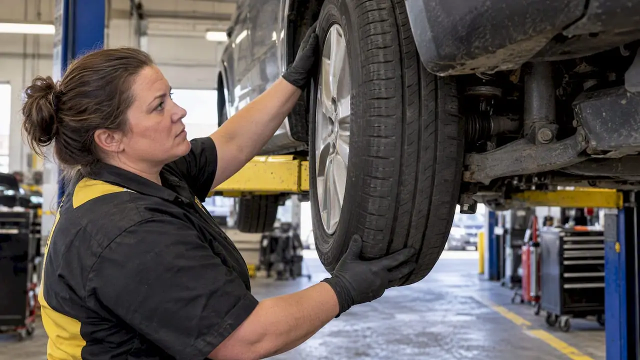 Technician checking wheel bearing play