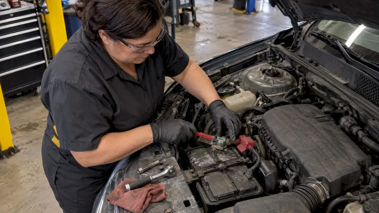 Technician cleaning car battery terminals