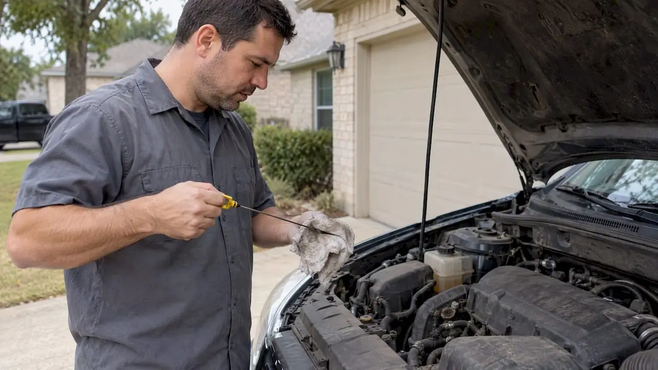 Car owner checking oil with dipstick