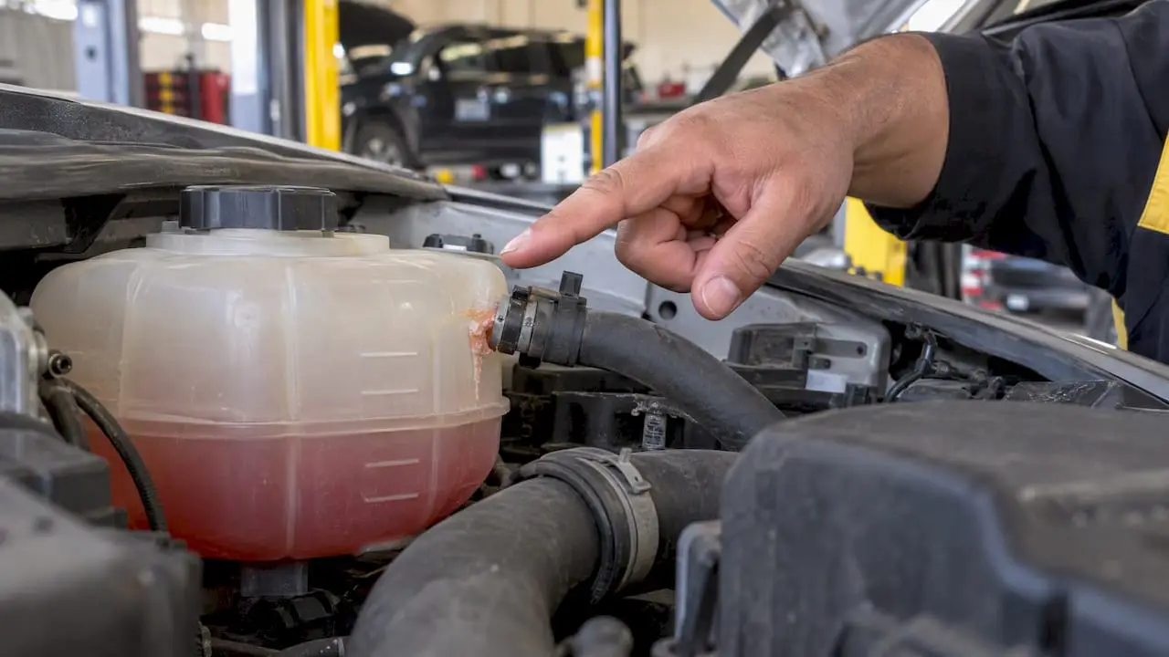 Coolant reservoir and hose checked for leaks