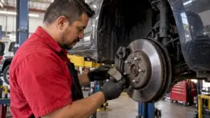 Technician inspecting brake pads beside rotor