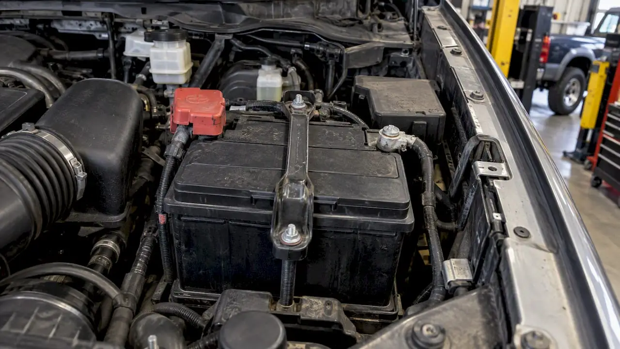 Battery secured by its hold-down bracket