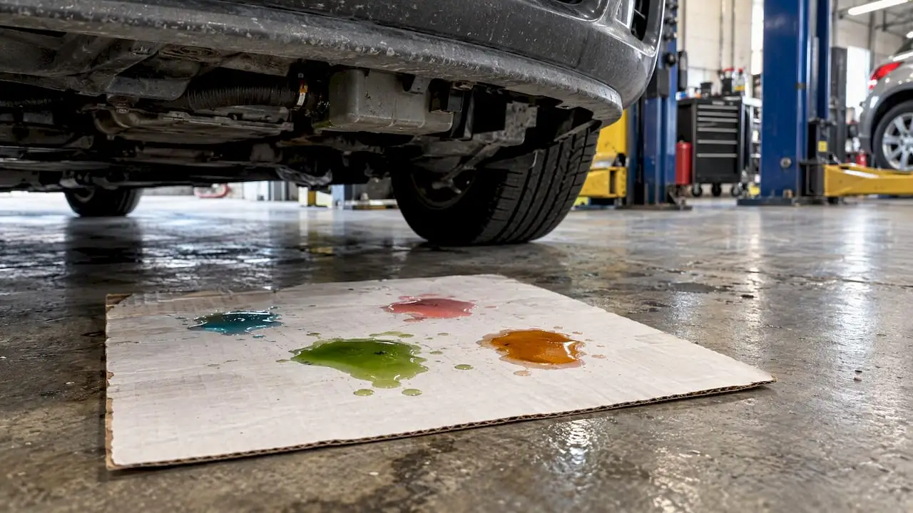 Colored coolant drops on cardboard beneath a car